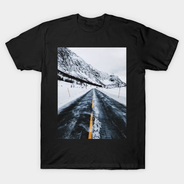 Driving Norway - Road Through Mountainous White Winter Landscape T-Shirt by visualspectrum